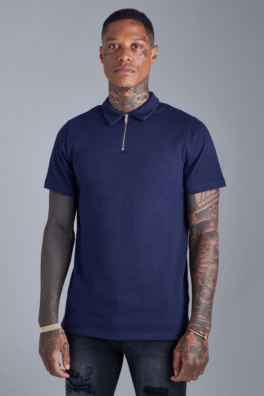 Navy Slim Fit Jacquard Zip Polo With Man Tab image number 1
