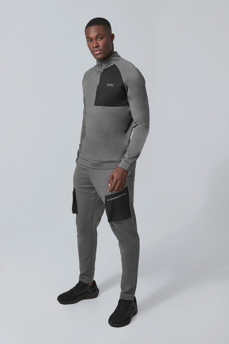 Charcoal Man Active Cargo Performance Funnel Neck Tracksuit image number 1