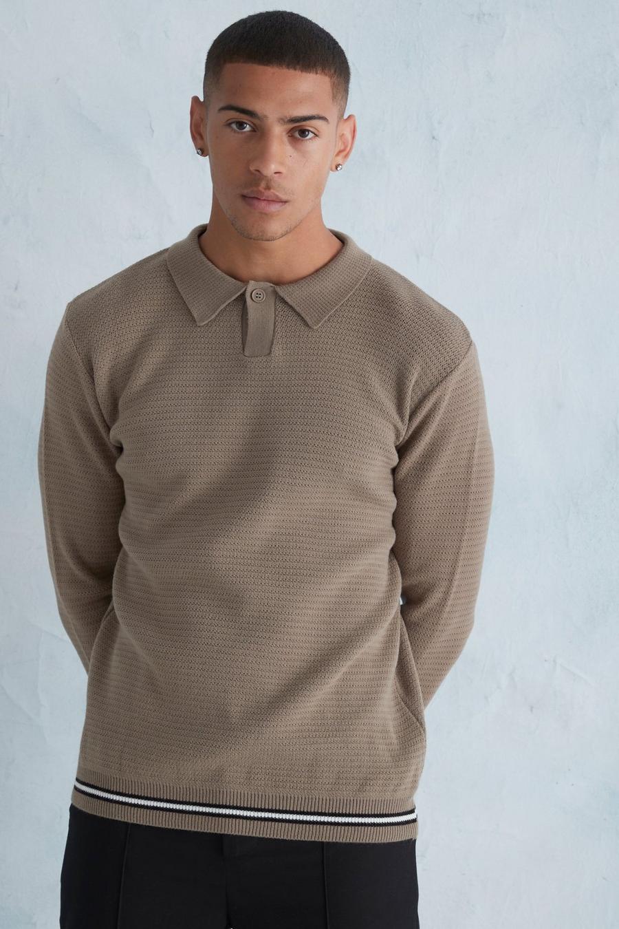 Taupe Sport Rib Smart Long Sleeve Polo  image number 1