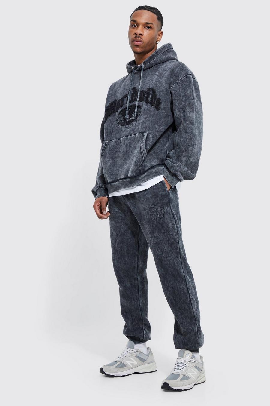 Boxy Fit Acid Wash Worldwide Hooded Tracksuit, Charcoal image number 1