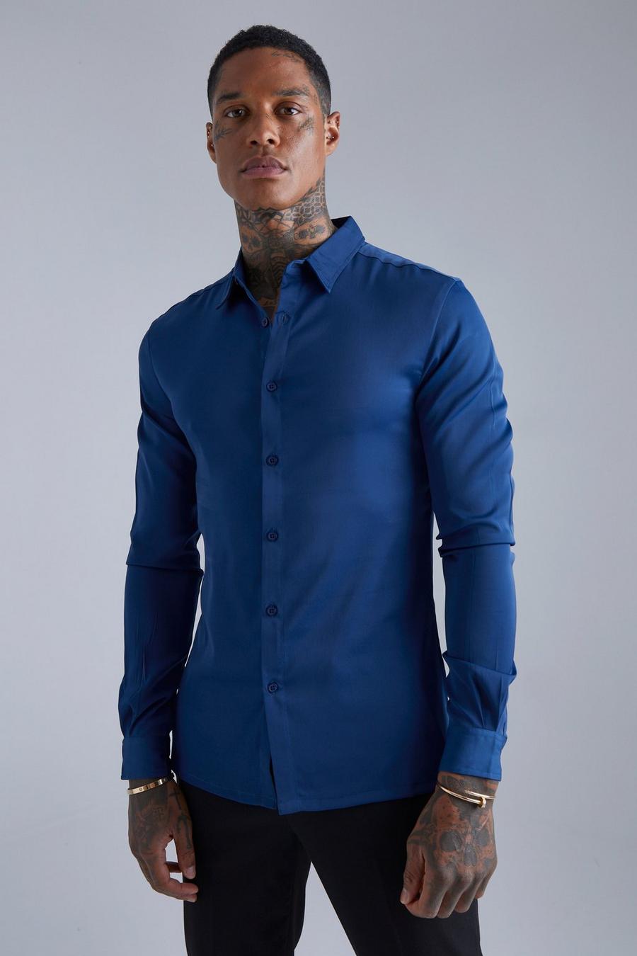Navy blu oltremare Long Sleeve Muscle Satin Shirt image number 1
