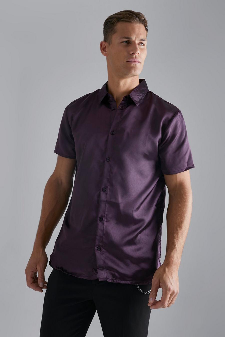 Tall kurzärmliges Satin-Hemd, Purple image number 1