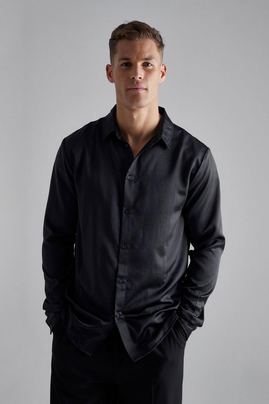 Black Tall Long Sleeve Satin Långärmad satinskjorta image number 1