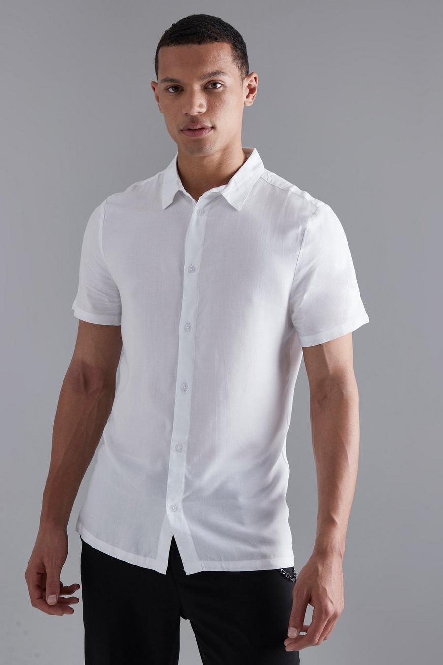 White Tall Viscose Slim Fit Overhemd Met Korte Mouwen image number 1