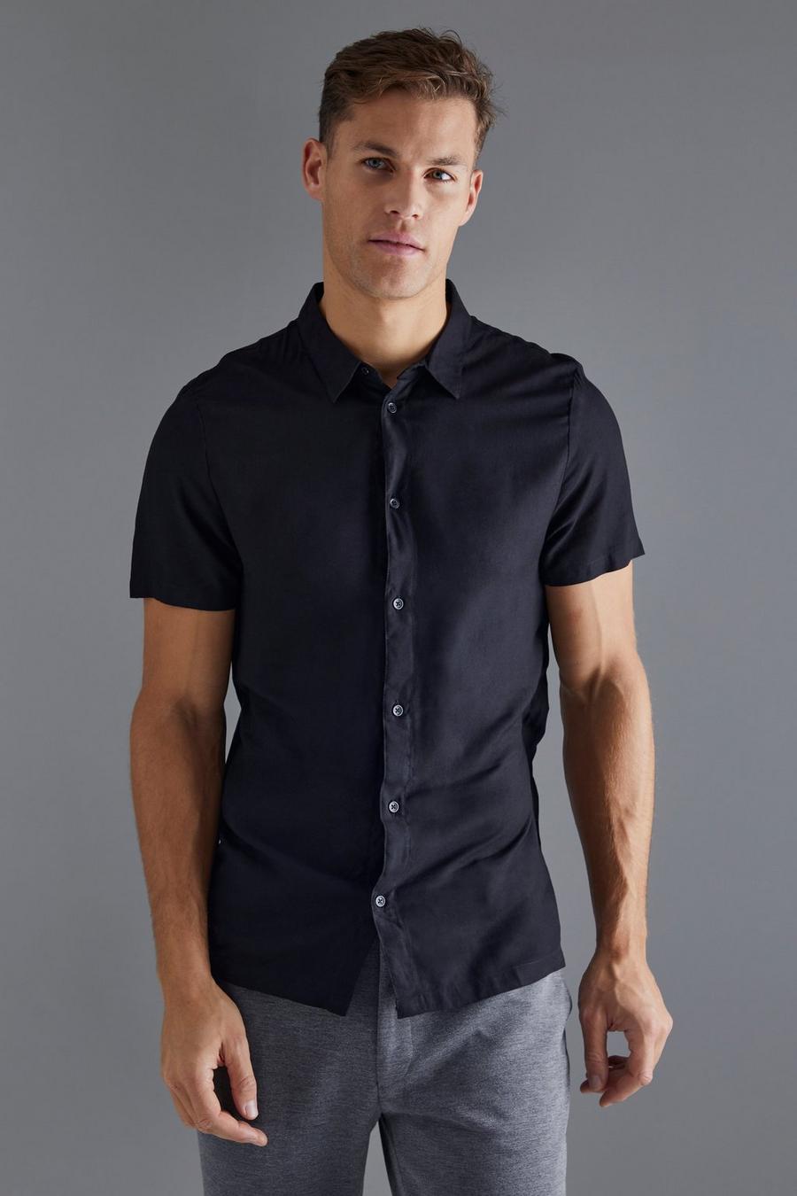 Tall kurzärmliges Slim-Fit Viskose-Hemd, Black image number 1