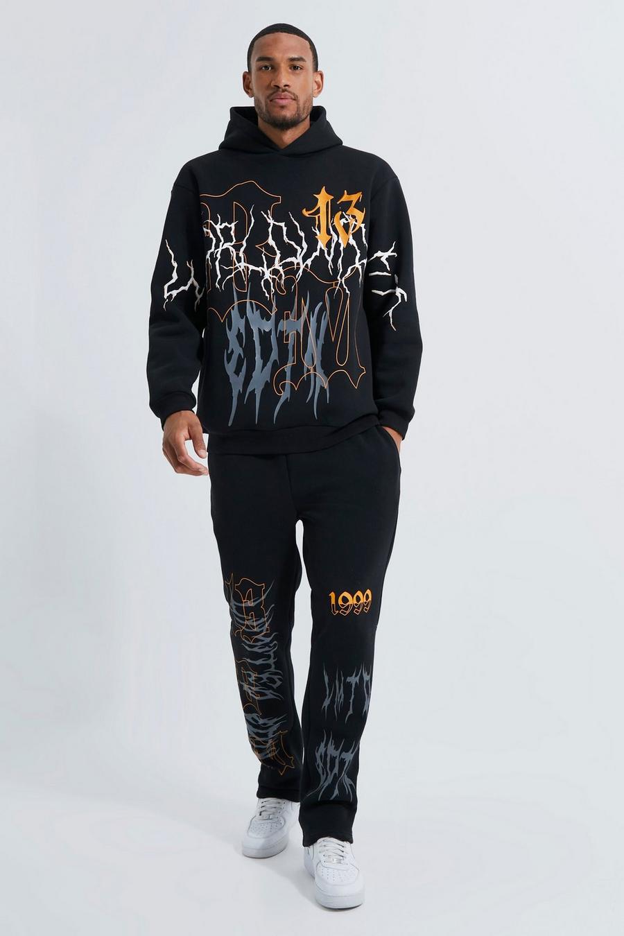 Black Tall Gothic Graffiti Hooded Tracksuit image number 1