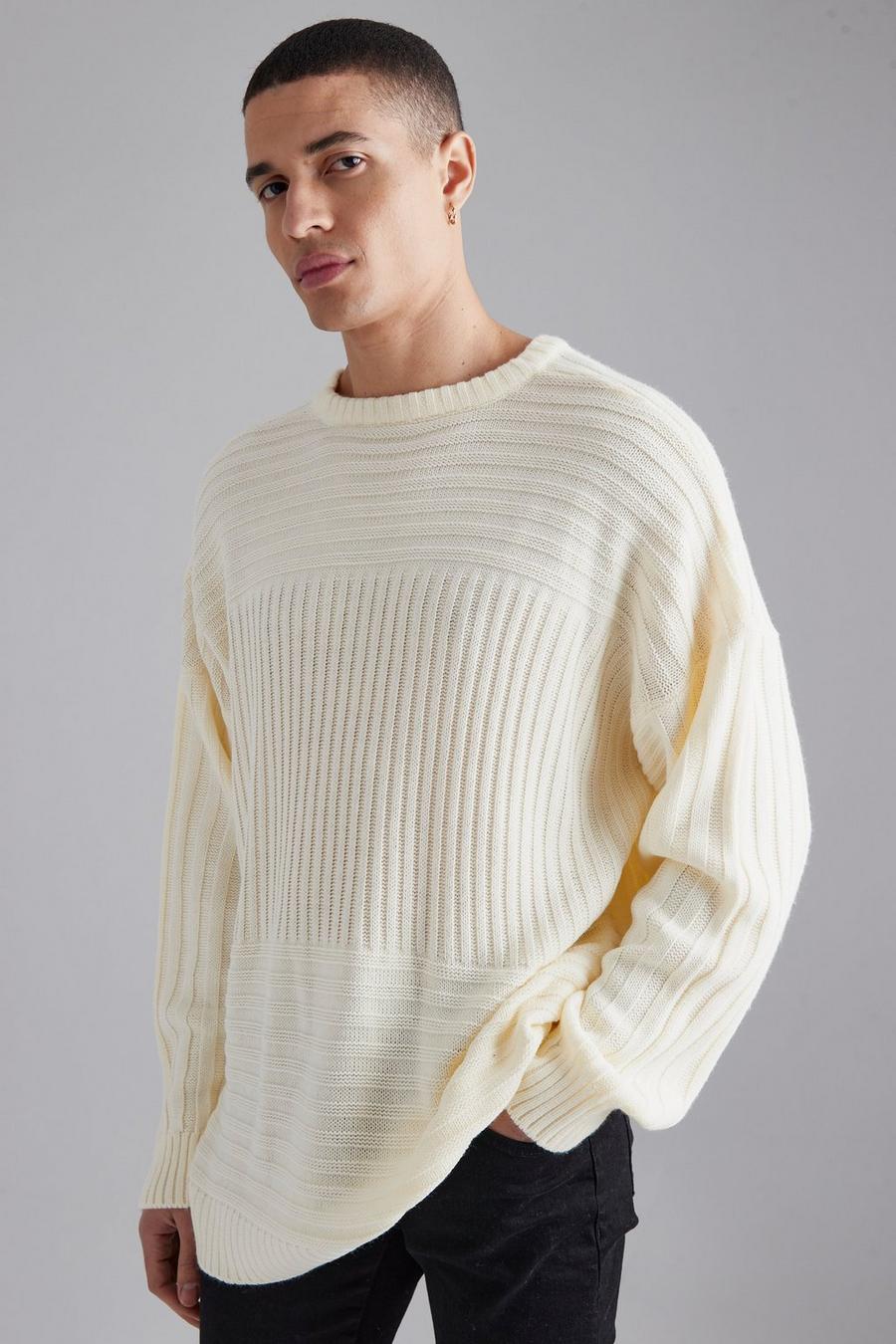 Ecru Mixed Stitch 3 Panel Knitted Oversized Jumper image number 1