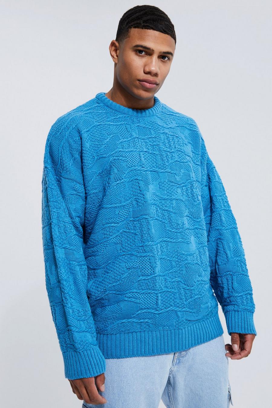 Slate blue Geo Jacquard Cable Knitted Jumper image number 1