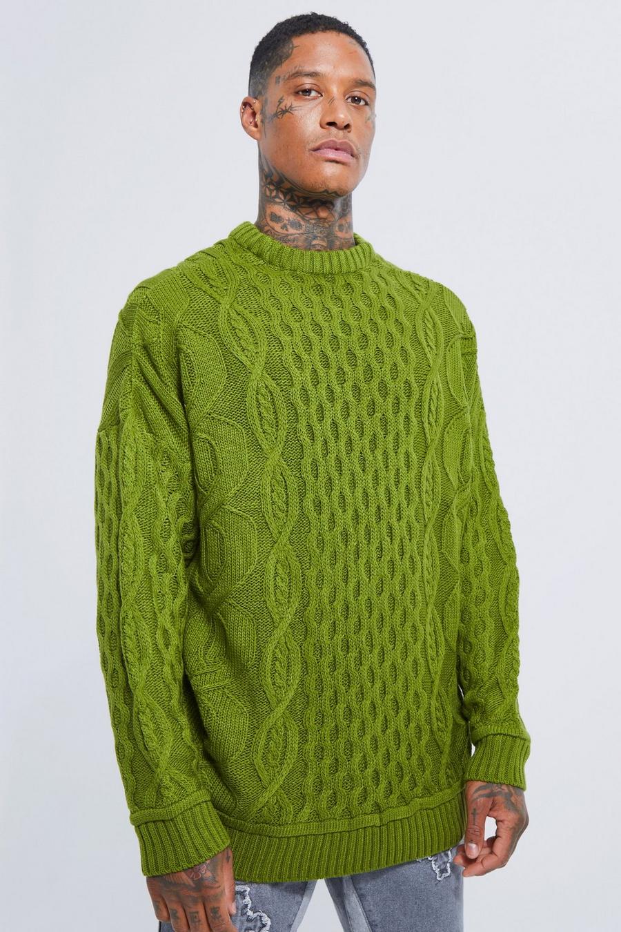 Khaki caqui Oversized Extreme Twist Cable Knitted Jumper image number 1