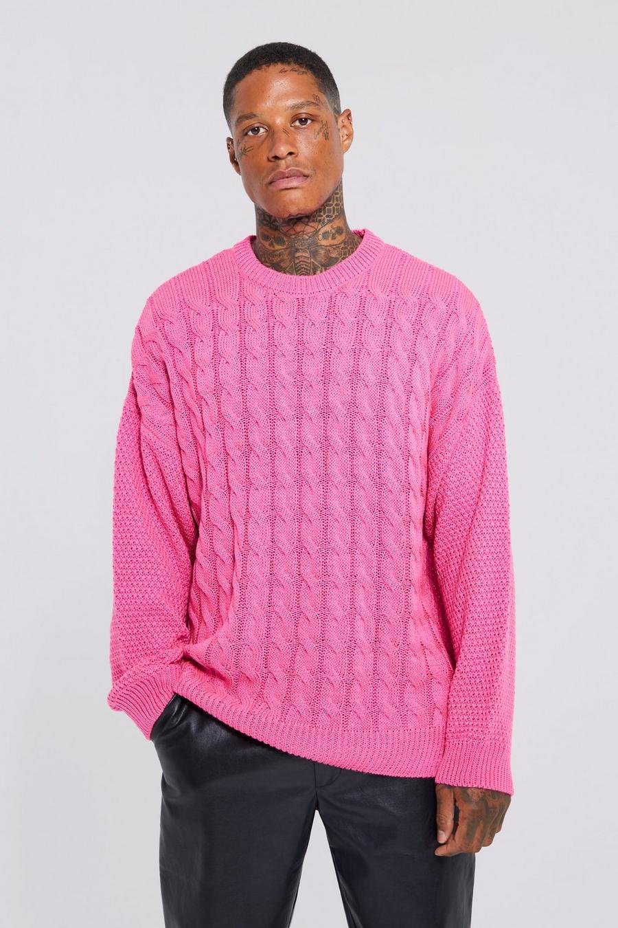 Men's Oversized Contrast Sleeve Cable Stitch Jumper | Boohoo UK