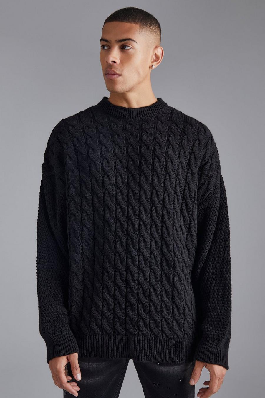 Black Oversized Contrast Sleeve Cable Stitch Jumper