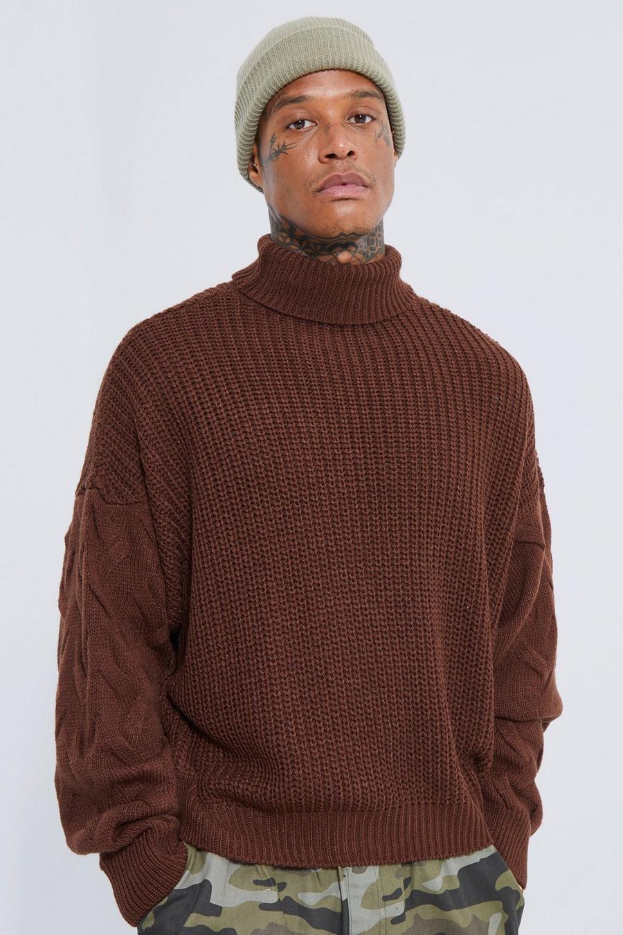 Pullover squadrata in maglia larga stile pescatore con maniche in maglia intrecciata, Chocolate marrone image number 1