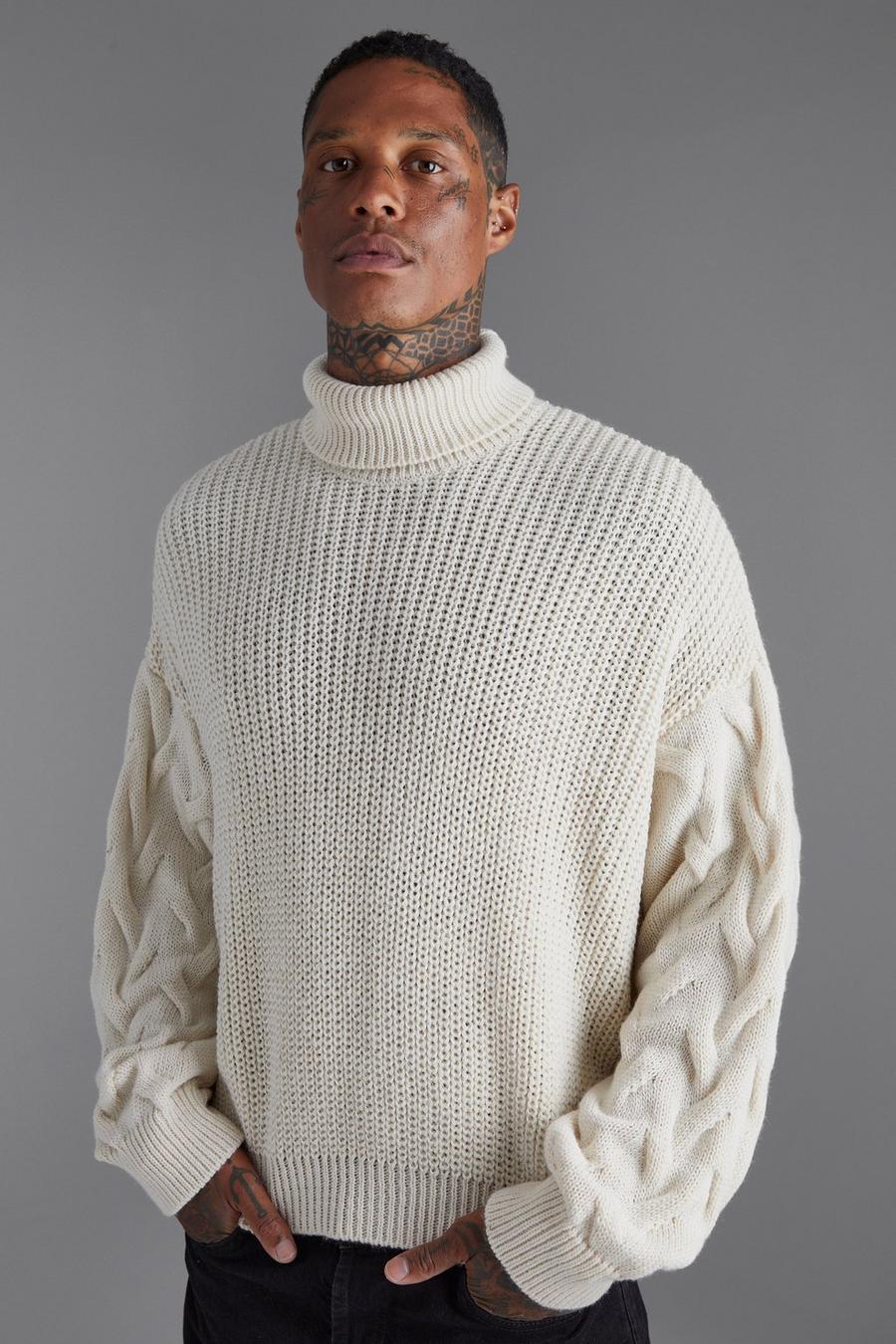 Ecru white Boxy Fisherman Knitted Jumper With Cable Sleeves 