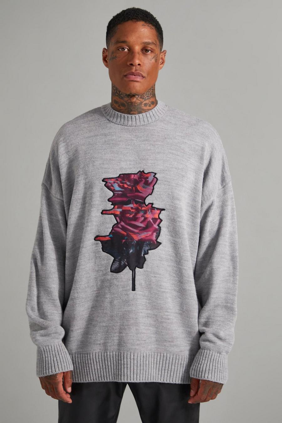 אפור בהיר gris סוודר סרוג עם טלאי ורד
