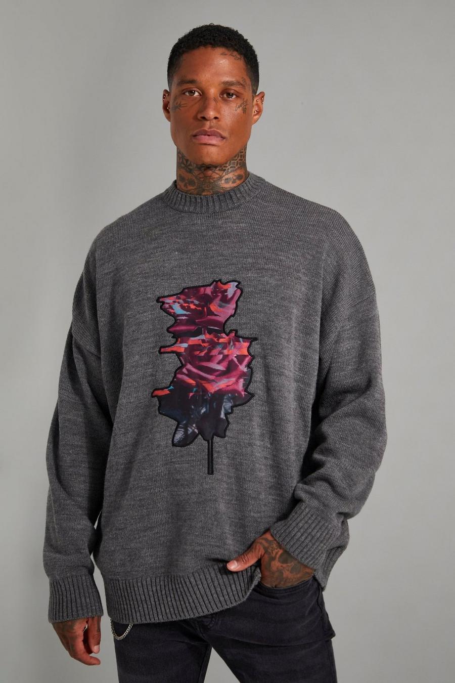 Pullover in maglia con toppa di rose, Charcoal image number 1