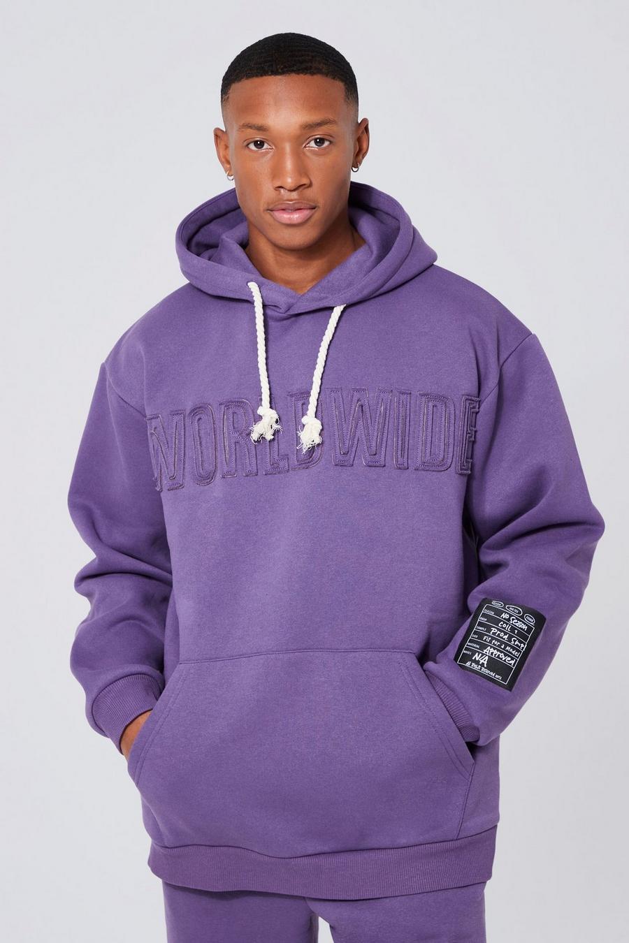 Purple Oversized Worldwide Applique Hoodie image number 1