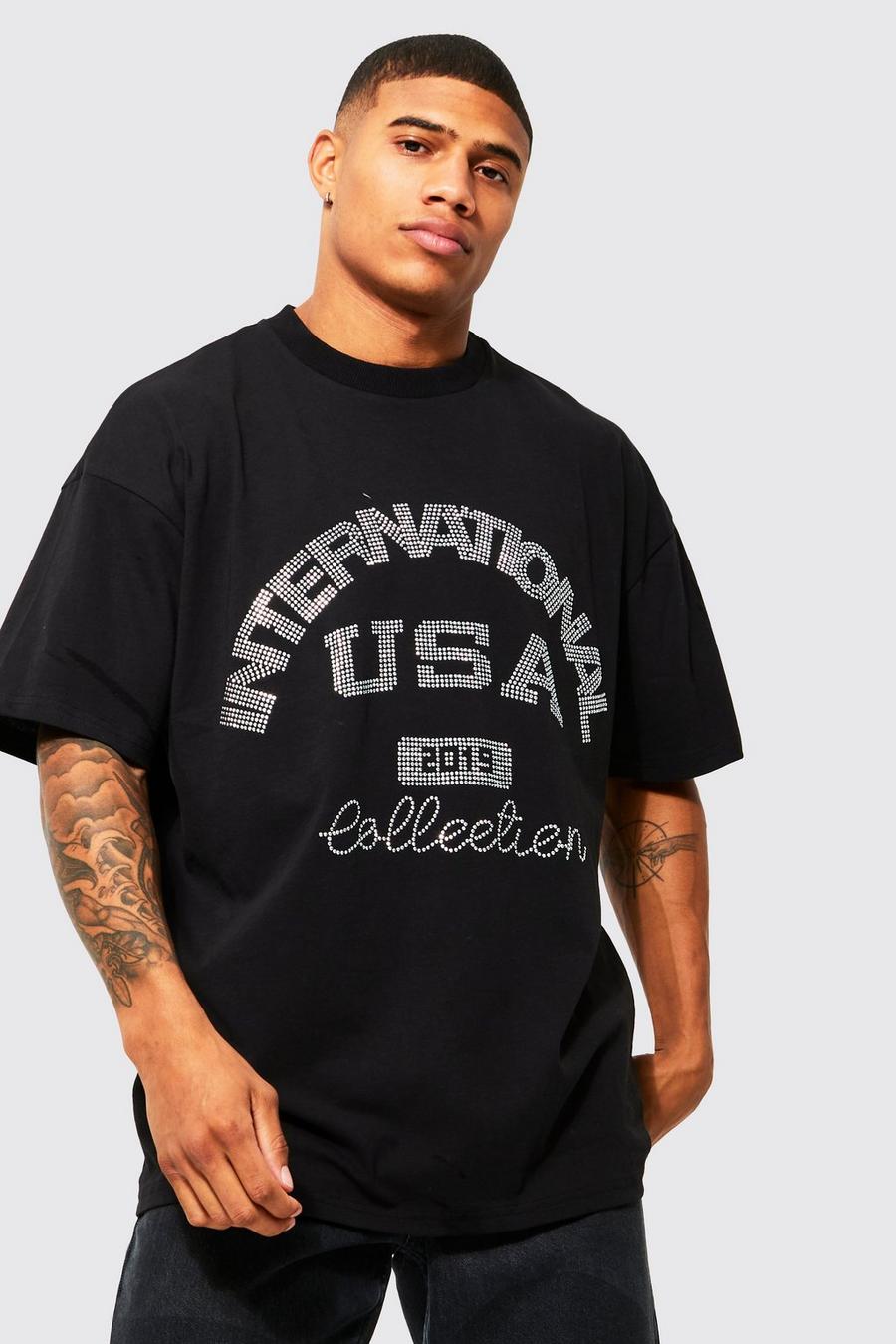 Black schwarz Oversized Usa Rhinestone T-shirt