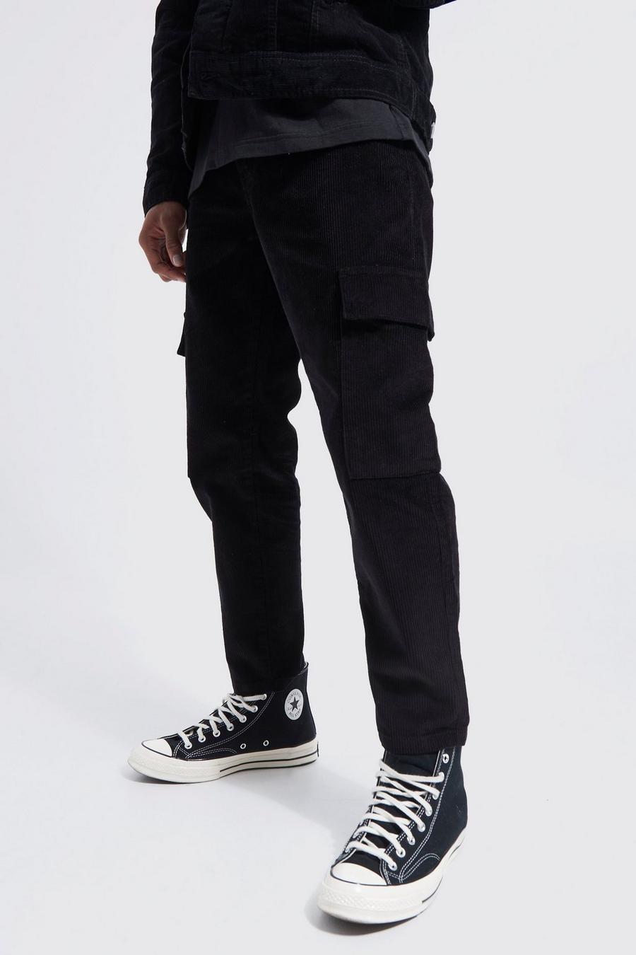 Black Tapered Cord Cargo Trouser