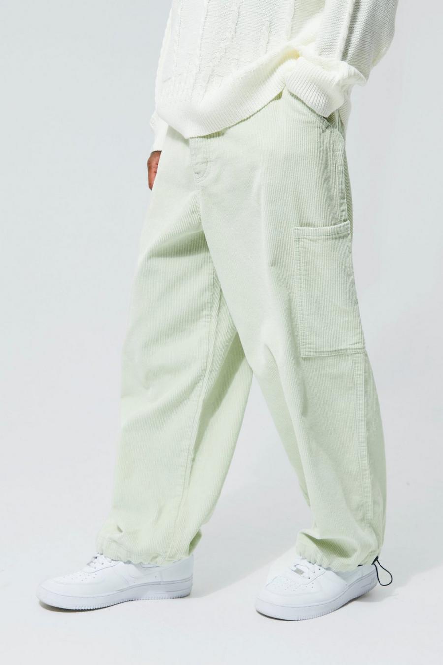 Sage green Cord Cargo Trouser With Bungee Cuff