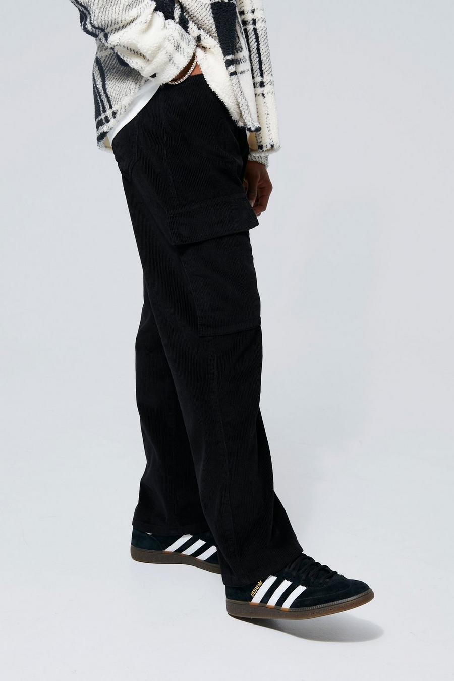Black Relaxed Fit Corduroy Cargo Trouser image number 1
