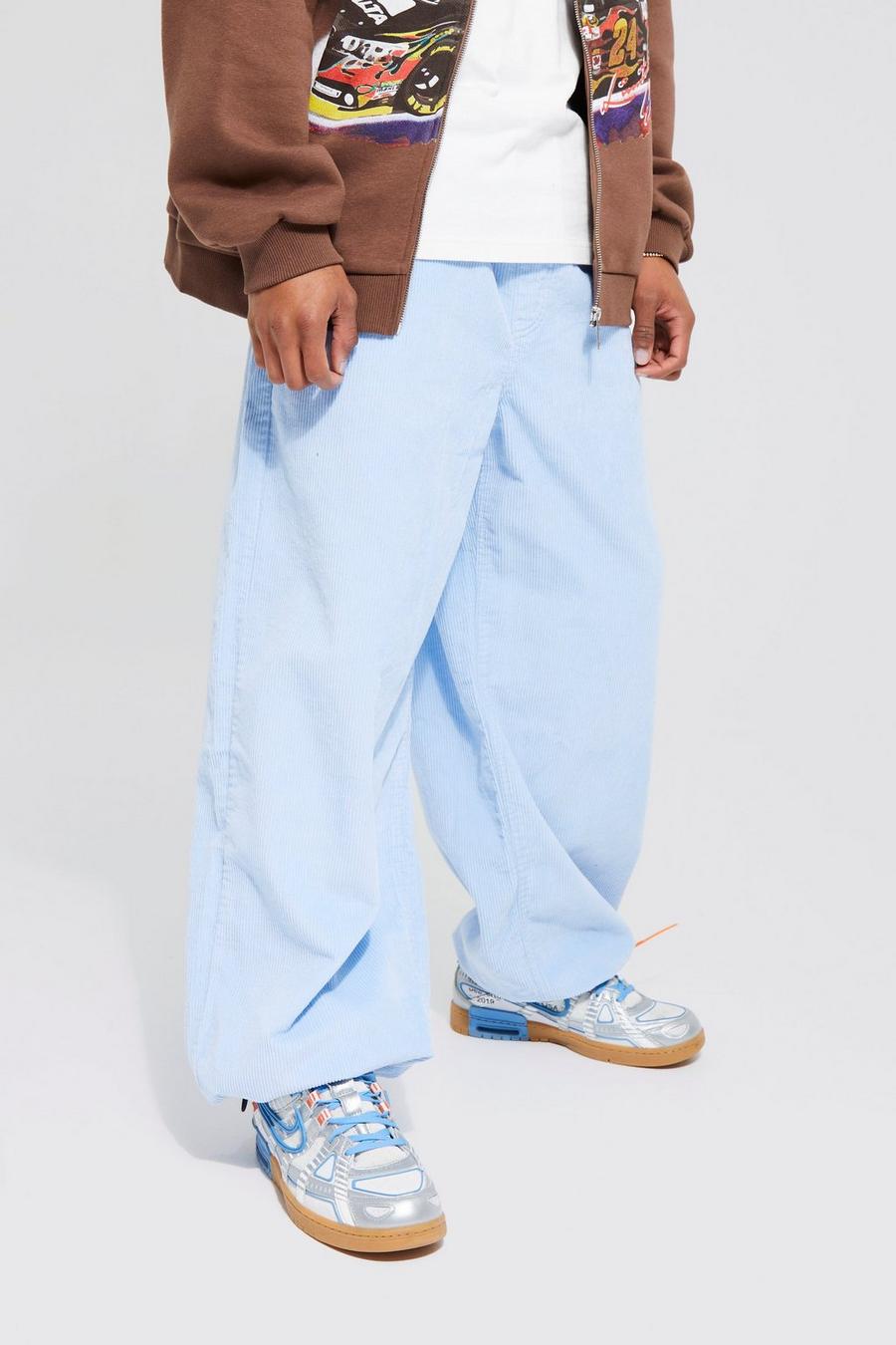 Pantalon baggy en velours côtelé à taille élastiquée, Blue bleu image number 1