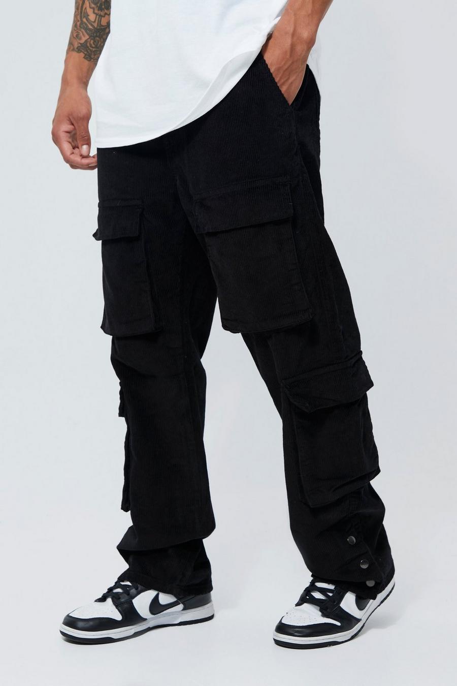 Pantaloni Cargo in velluto a coste con tasche multiple e spacco sul fondo, Black nero