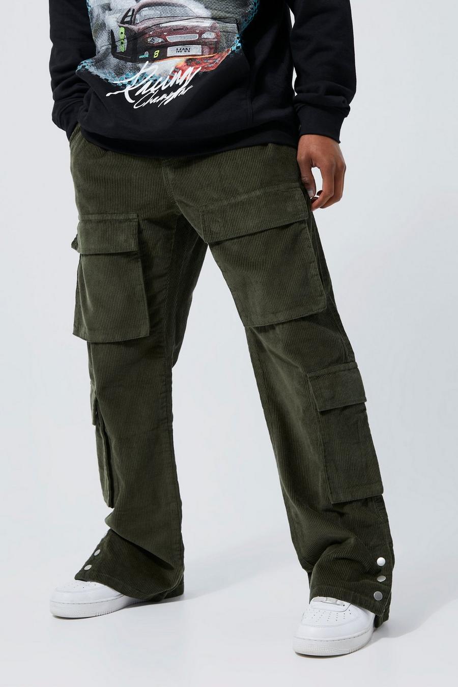 Khaki Multi Cargo Cord Trouser With Split Hem image number 1