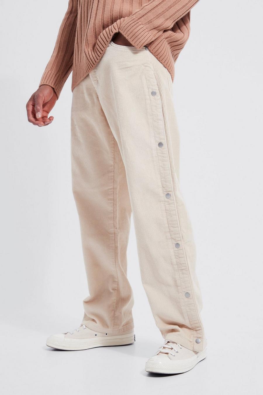 Pantalon ample en velours côtelé à boutons pression, Stone beige image number 1