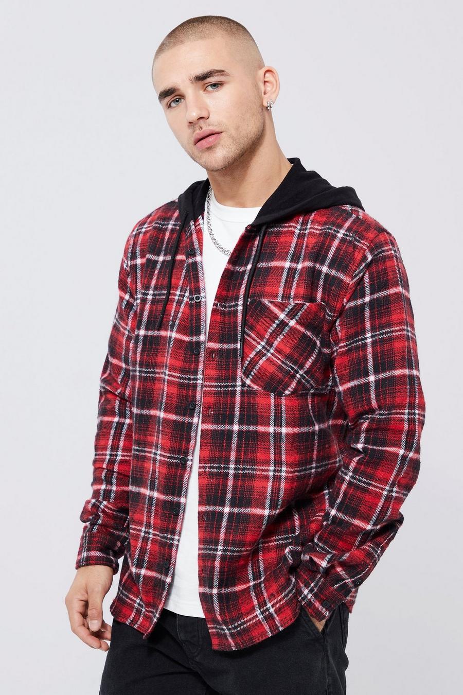 Red Hooded Brushed Check Overshirt image number 1