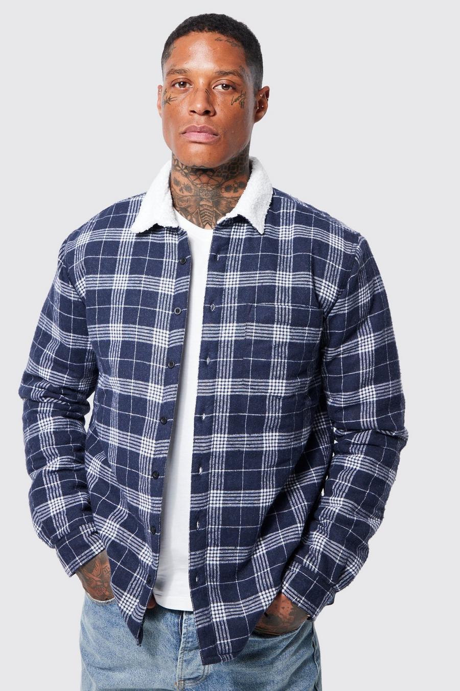 Navy Quilted Check Overshirt With Borg Collar image number 1