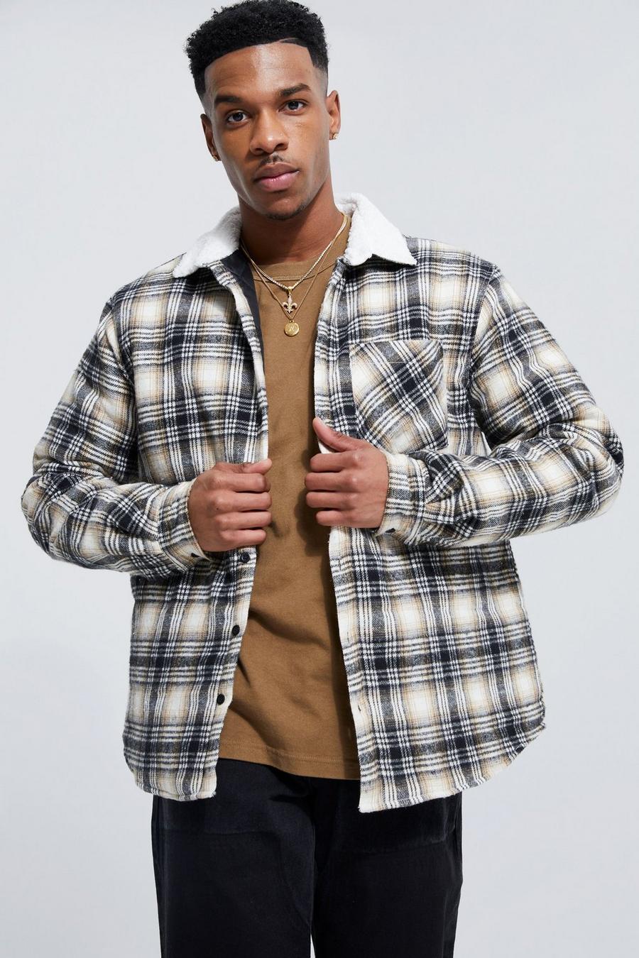 Ecru Quilted Check Overshirt With Borg Collar image number 1