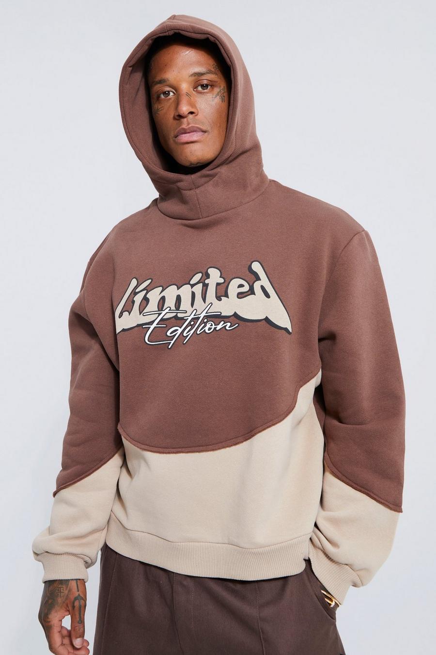 Chocolate Oversized Boxy Funnel Spliced Hoodie image number 1