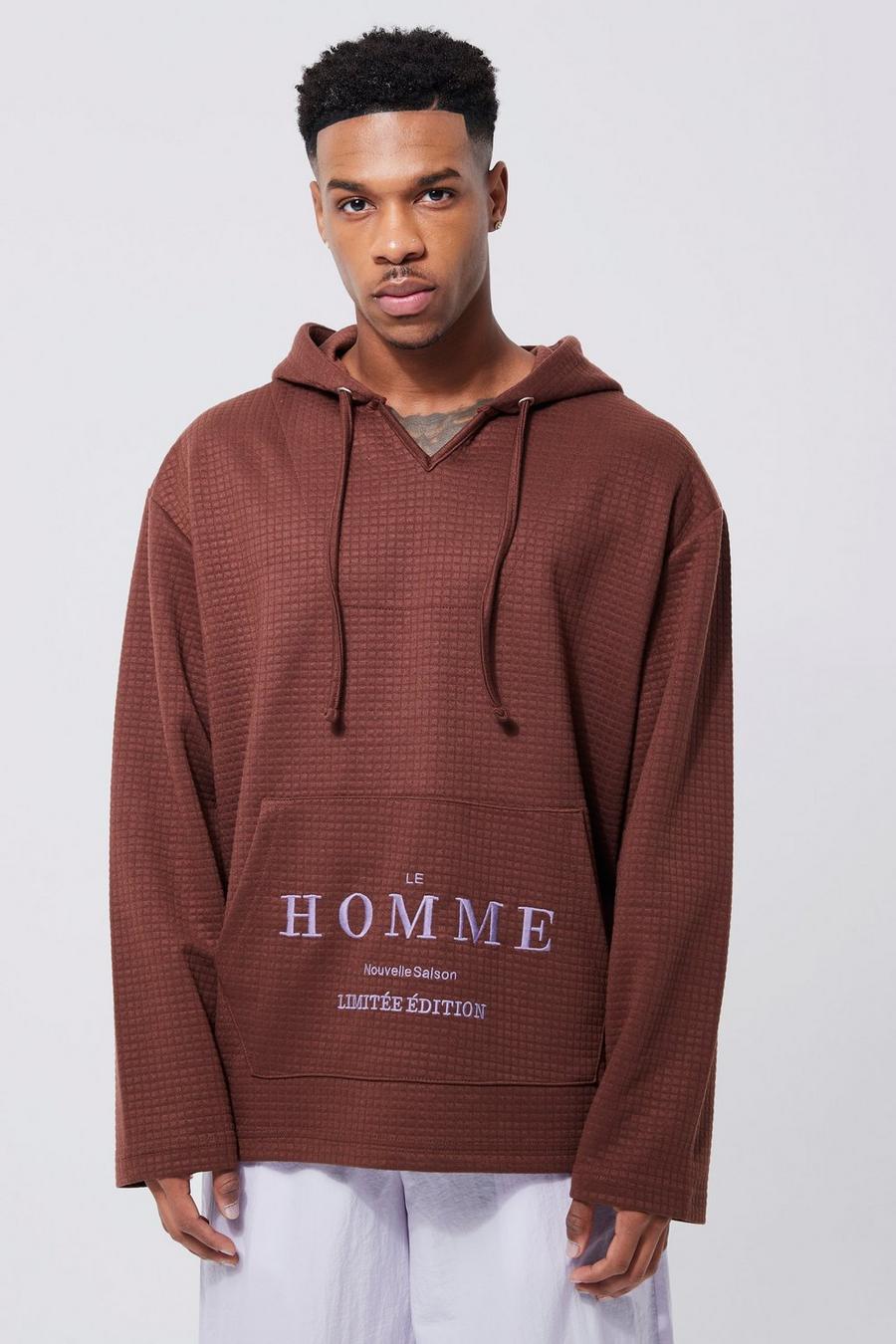 Chocolate brown Oversized Waffle V Neck Hoodie 