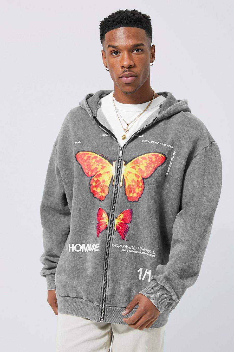 Oversized Washed Graphic Zip Through Hoodie | boohoo USA Oversized Washed Graphic Zip Through Hoodie | boohoo USA