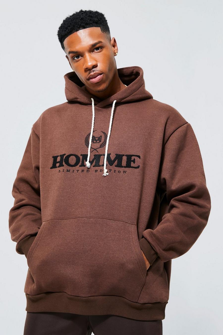 Chocolate Oversized Homme Applique Rope Drawcord Hoodie image number 1