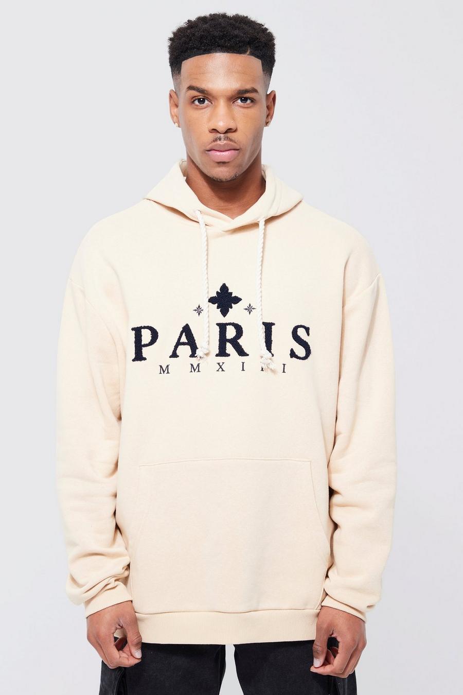 Sand Oversized Paris Applique Rope Drawcord Hoodie image number 1