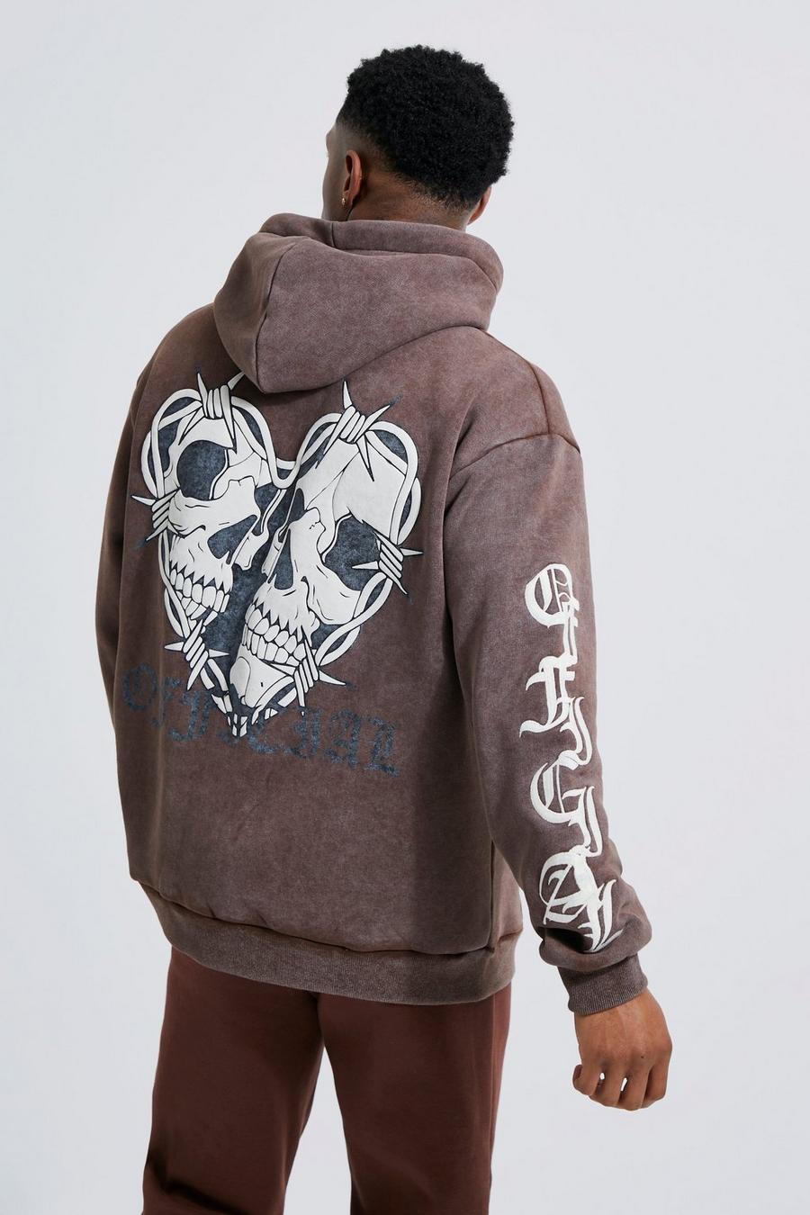 Chocolate brown Oversized Washed Skull Puff Print Hoodie