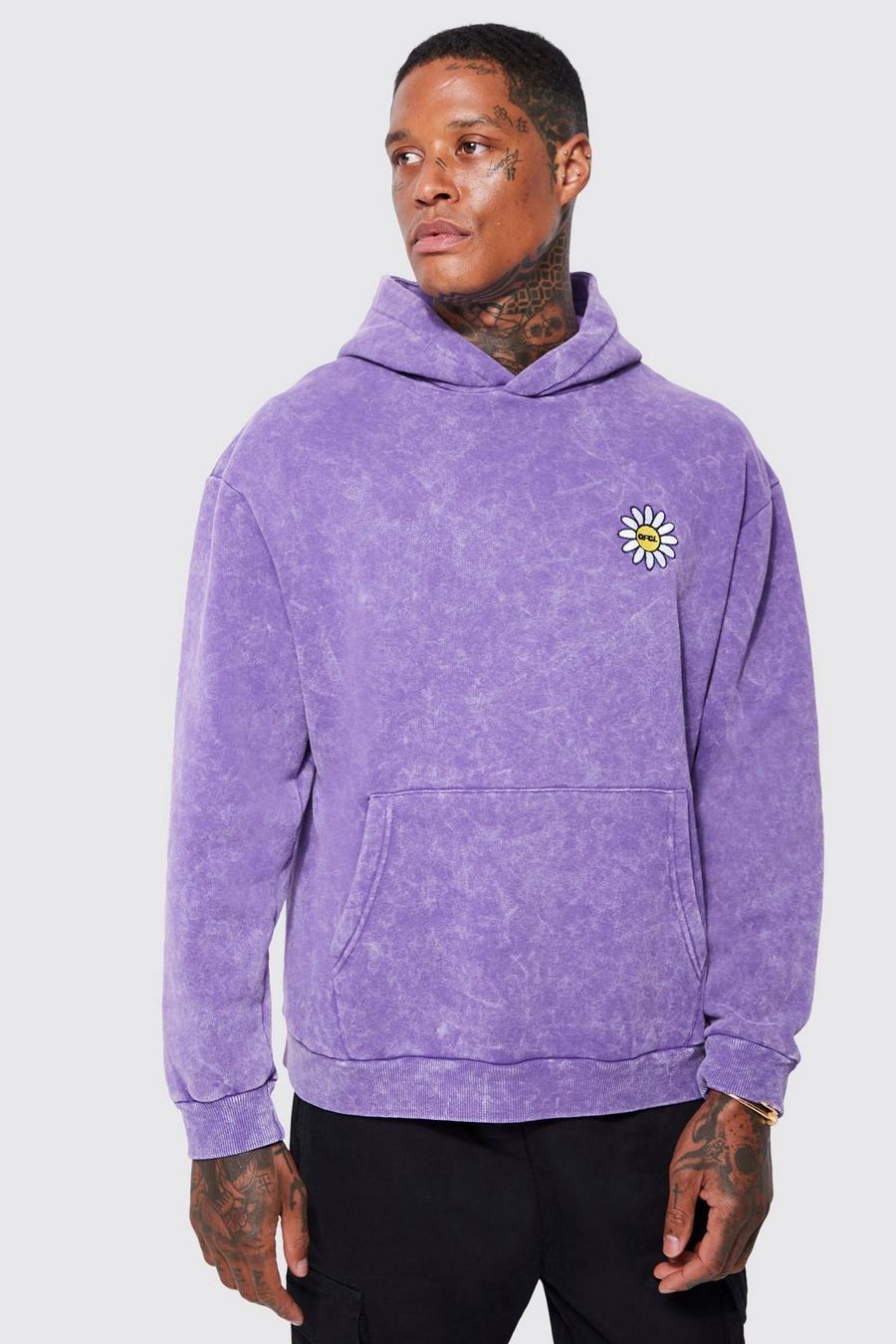 Purple Oversized Flower Embroidered Washed Hoodie image number 1