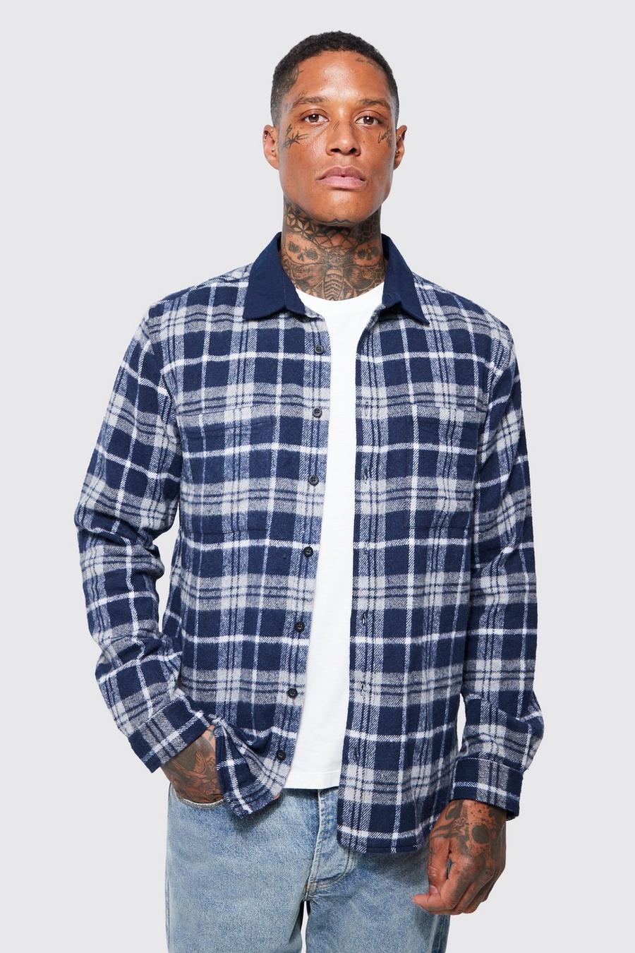 Navy Contrast Check And Plain Flannel Shirt image number 1