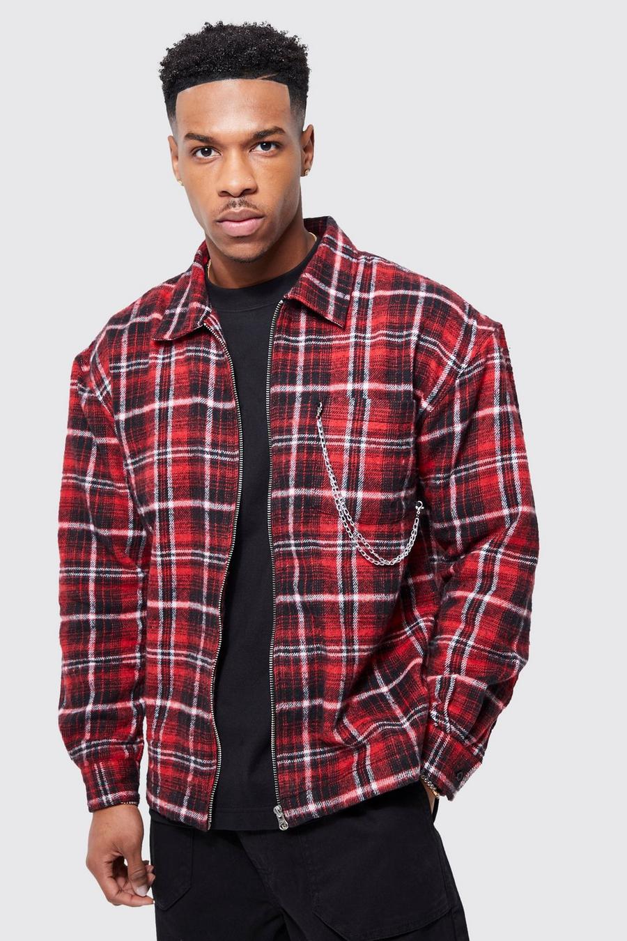 Red Boxy Brushed Check Zip Overshirt With Chain image number 1