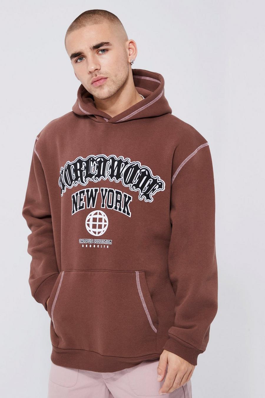 Chocolate brown Oversized Puff Print Contrast Stitch Hoodie