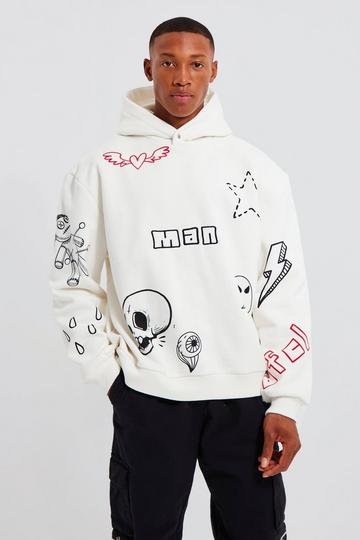 Ecru White Oversized Boxy Doodle Graphic Hoodie