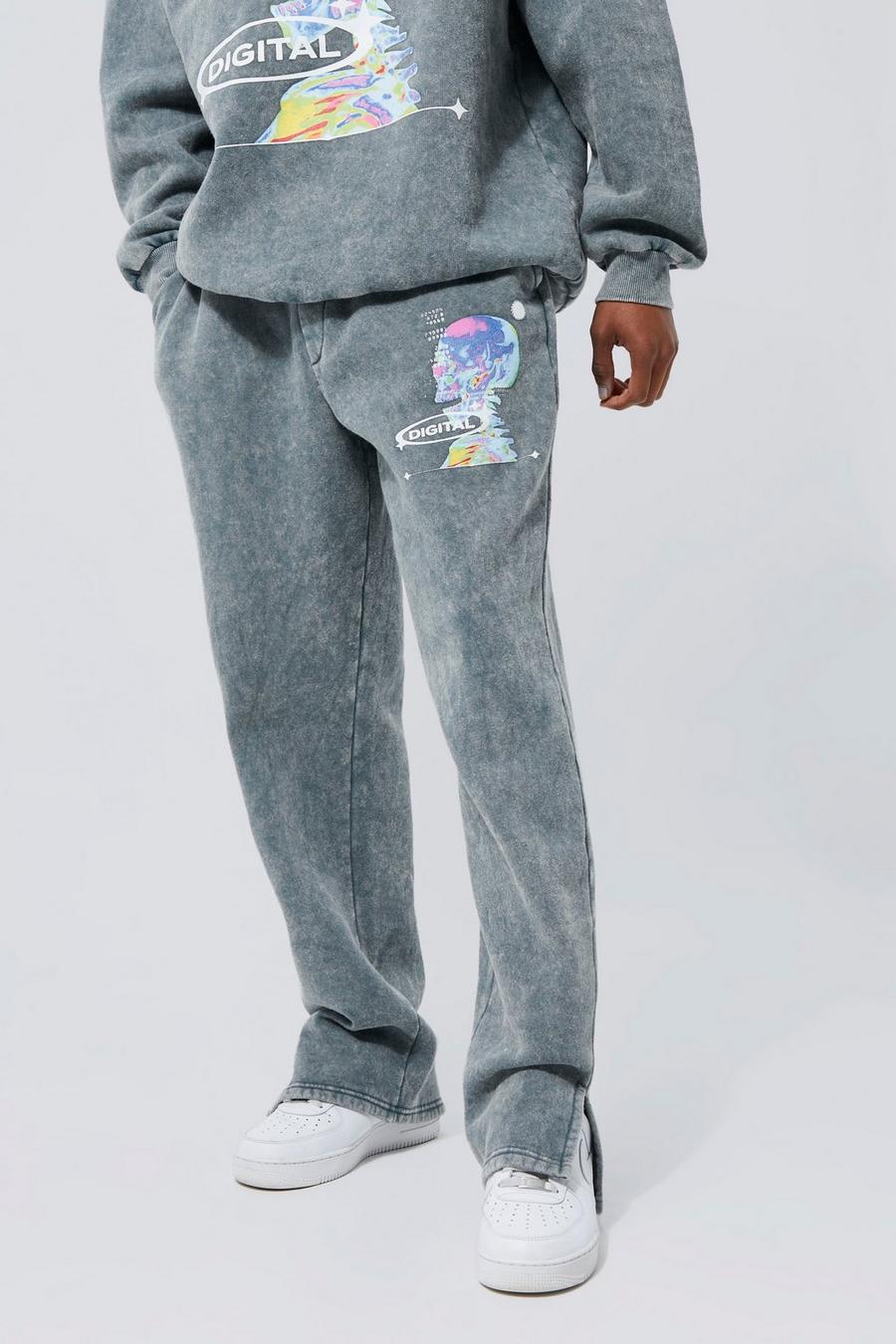 פחם grigio מכנסי ריצה בסגנון משופשף בגזרה ישרה עם שסע במכפלת ועם כיתוב image number 1