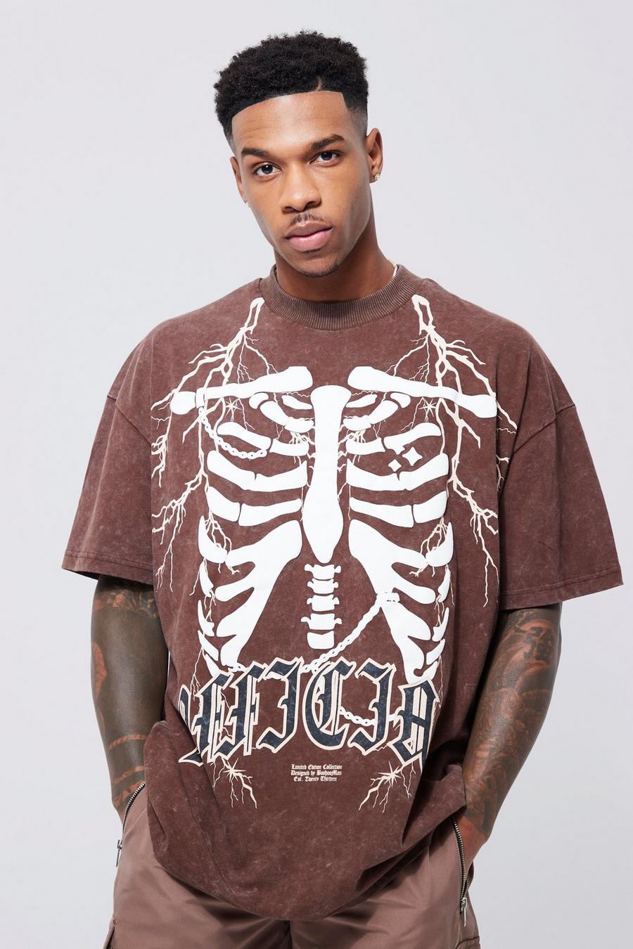 Chocolate Oversized Washed Ribcage Puff Print T-shirt image number 1