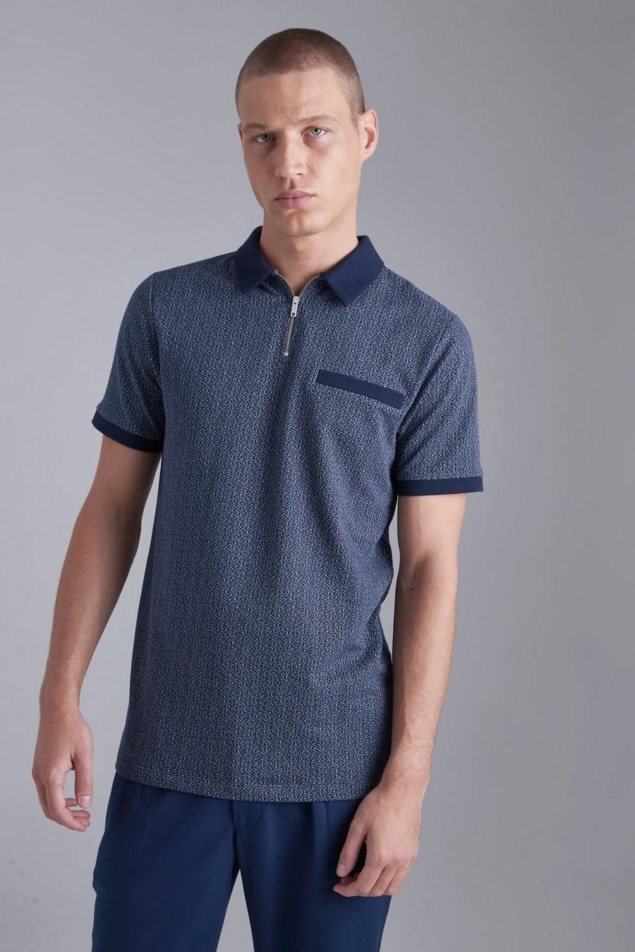Navy Jacquard Marl Contrast Collar Polo image number 1