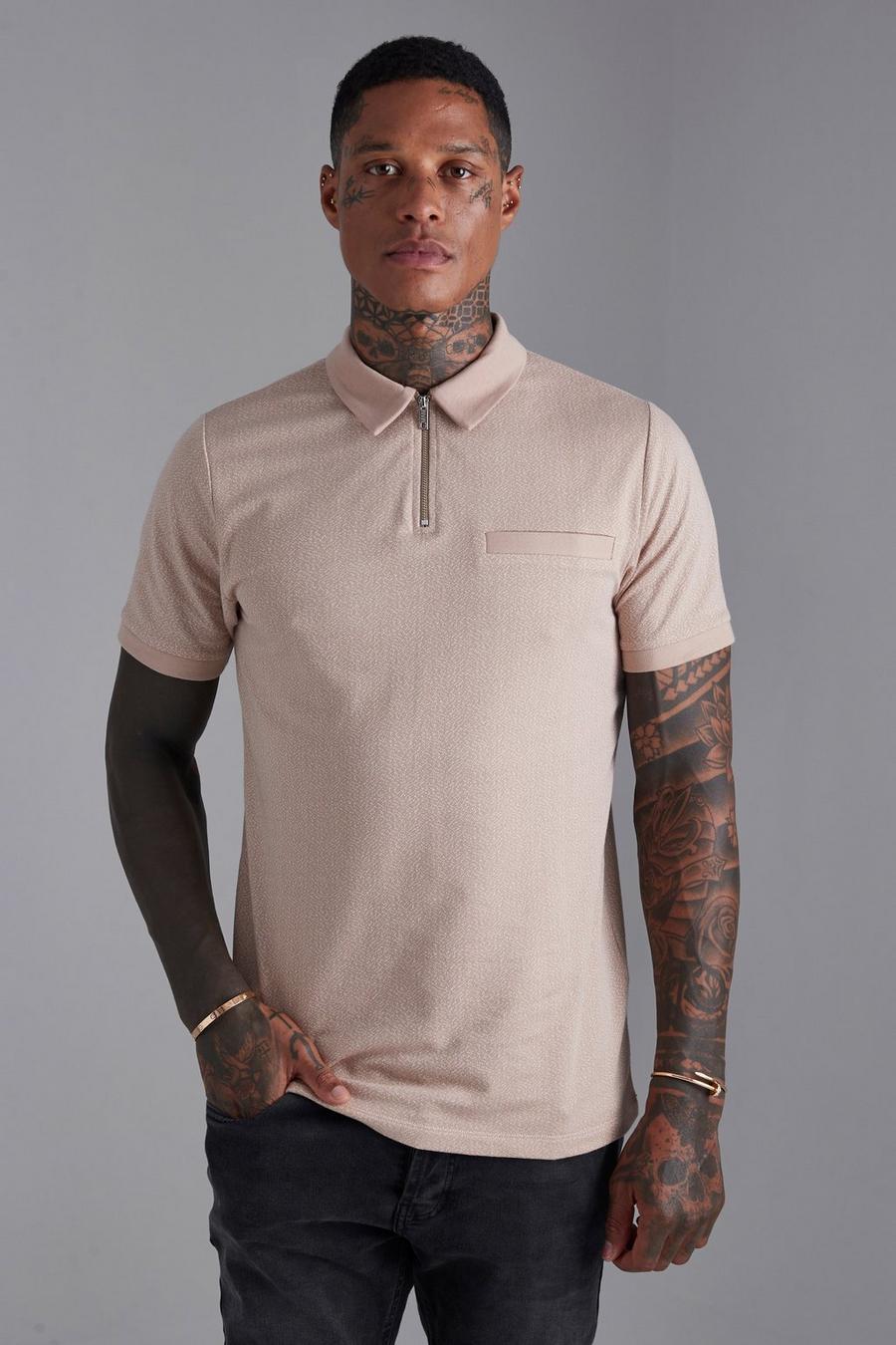 Taupe Jacquard Marl Contrast Collar Polo  image number 1