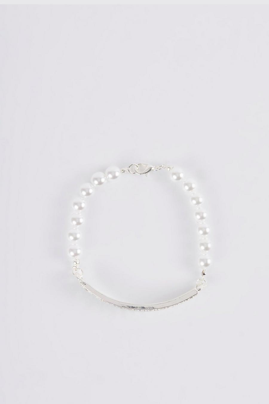 Silver Iced Bar Detail Pearl Bracelet image number 1
