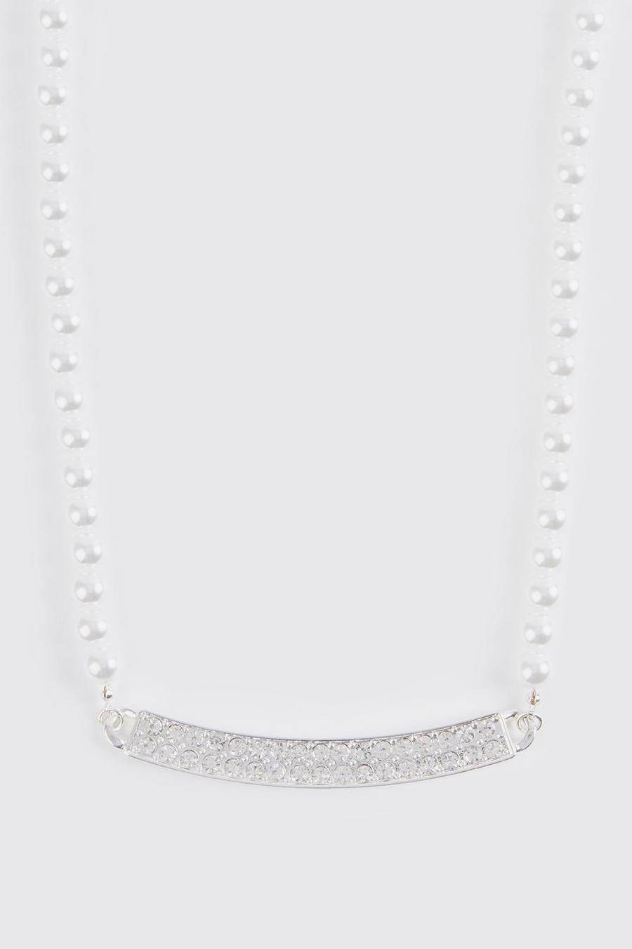 Silver Iced Bar Detail Pearl Necklace image number 1