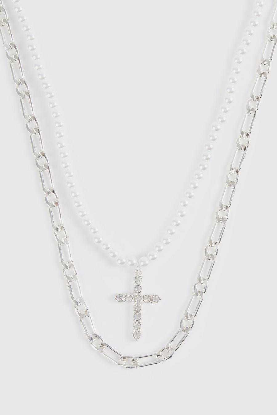 Silver Pearl Cross Detail Multi Layer Necklace image number 1