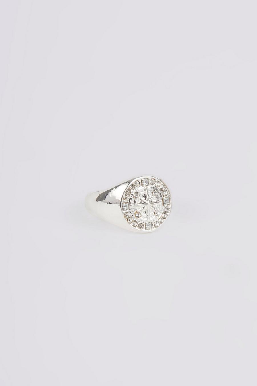 Silver Iced Compass Signet Ring image number 1